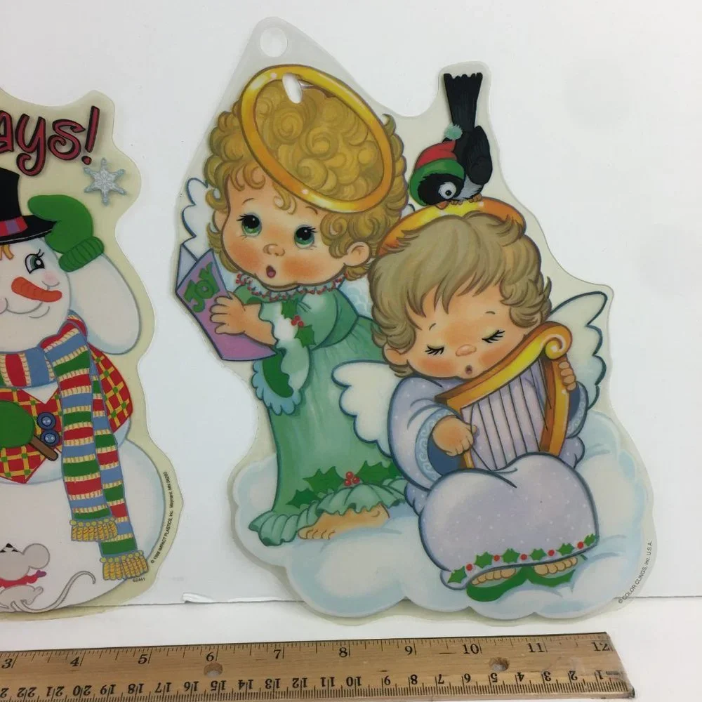 Vtg Impact Plastics Color Clings Happy Holidays Snowman Angels‎ Christmas Winter